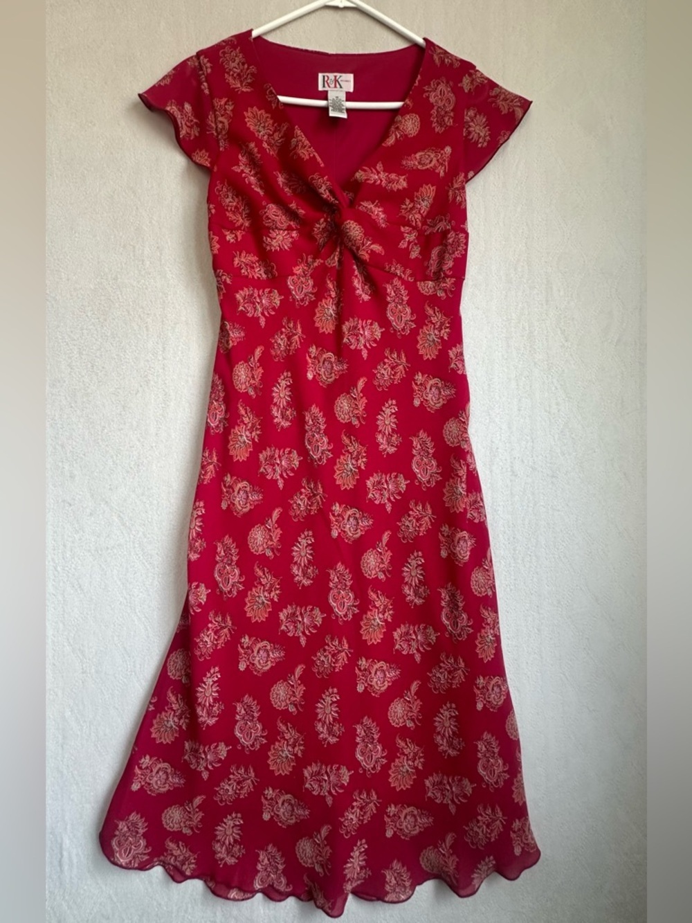 NWT Vintage Boho 90's R&K Red Floral Knot-Front Midi Dress Sz 10 Cottagecore